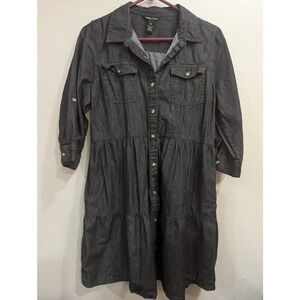 Women's roll tab sleeve dark chambray collared button up shirt dress, Millennium